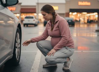 Aštuntą nėštumo mėnesį vyras paliko mane su prakiuru padanga lietuje — ir išbalo, kai pamatė, kas atvyko vietoj jo