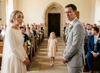 Tik per tuoktuvių ceremoniją į salę įėjo maža mergaitė ir nuėjo tiesiai prie mano sužadėtinio